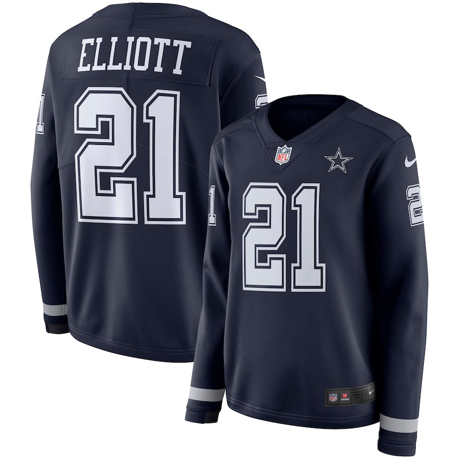 Women Dallas Cowboys #21 Elliott blue  Limited NFL Nike Therma Long Sleeve Jersey->women nfl jersey->Women Jersey
